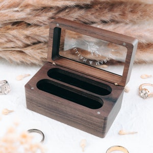Quad Wood Ring Box w/ Glass Lid Wide Wood Personalized Four Slot Engagement Wedding Ring Bearer Box Romantic Unique Marriage Proposal Prep image 4