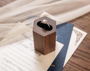 Hexagon Walnut Ring Stand - Rustic Wedding Ceremony Ring Bearer Pillow Alternative Display Decor Photography Prop, Engagement Ring Storage