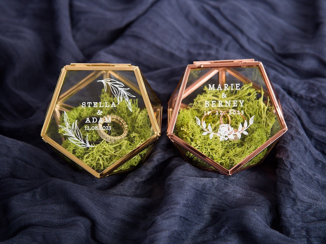 Geometric Glass Ring Box With Moss Rose Gold Or Gold Personalized 