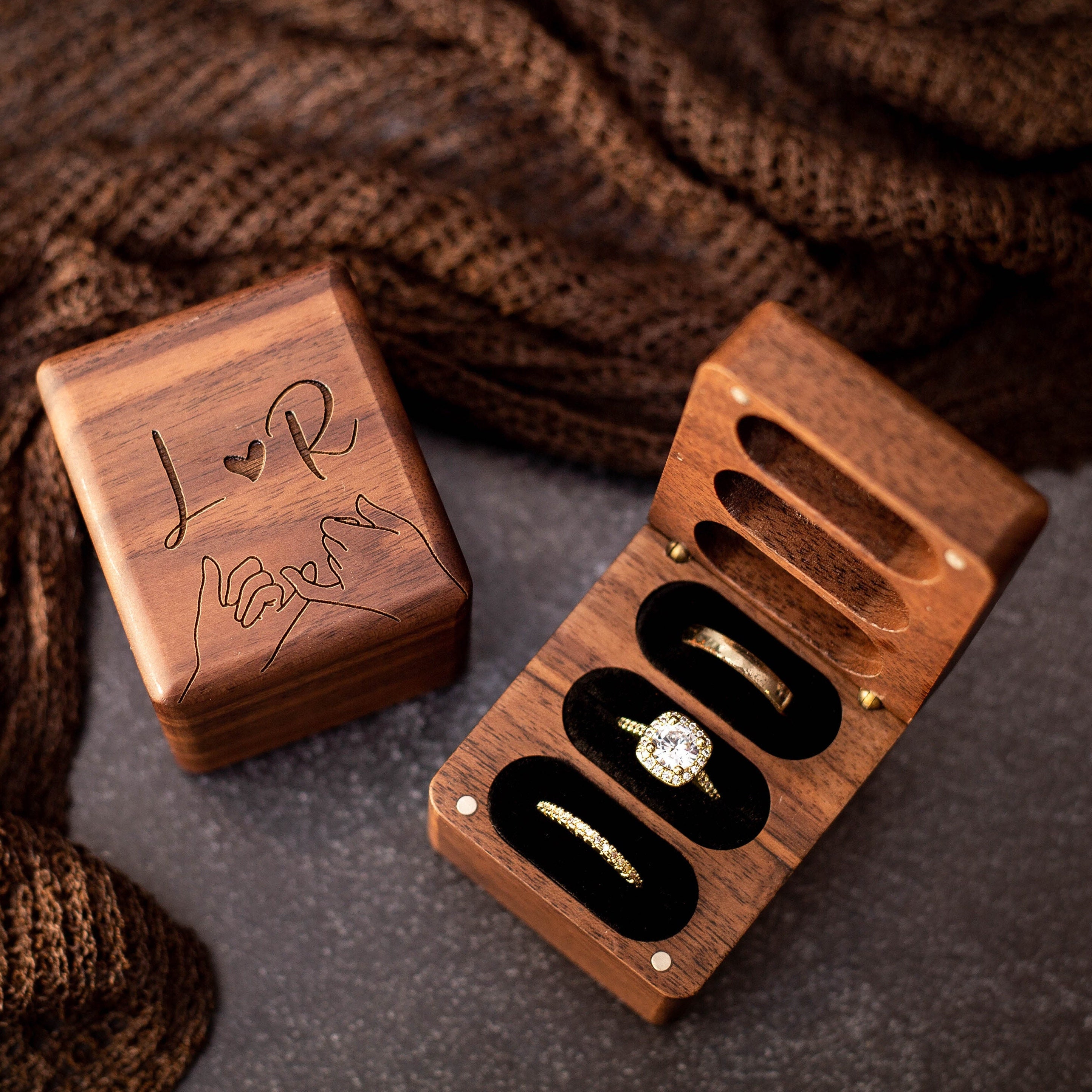 Triple Flip Wood Ring Box for 3 Rings - Engraved Wood Heirloom Ring B…