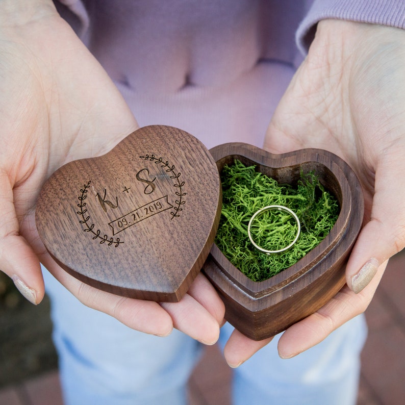 Heart Wedding Ring Bearer Box Engraved Wood Ring Bearer Box Etsy