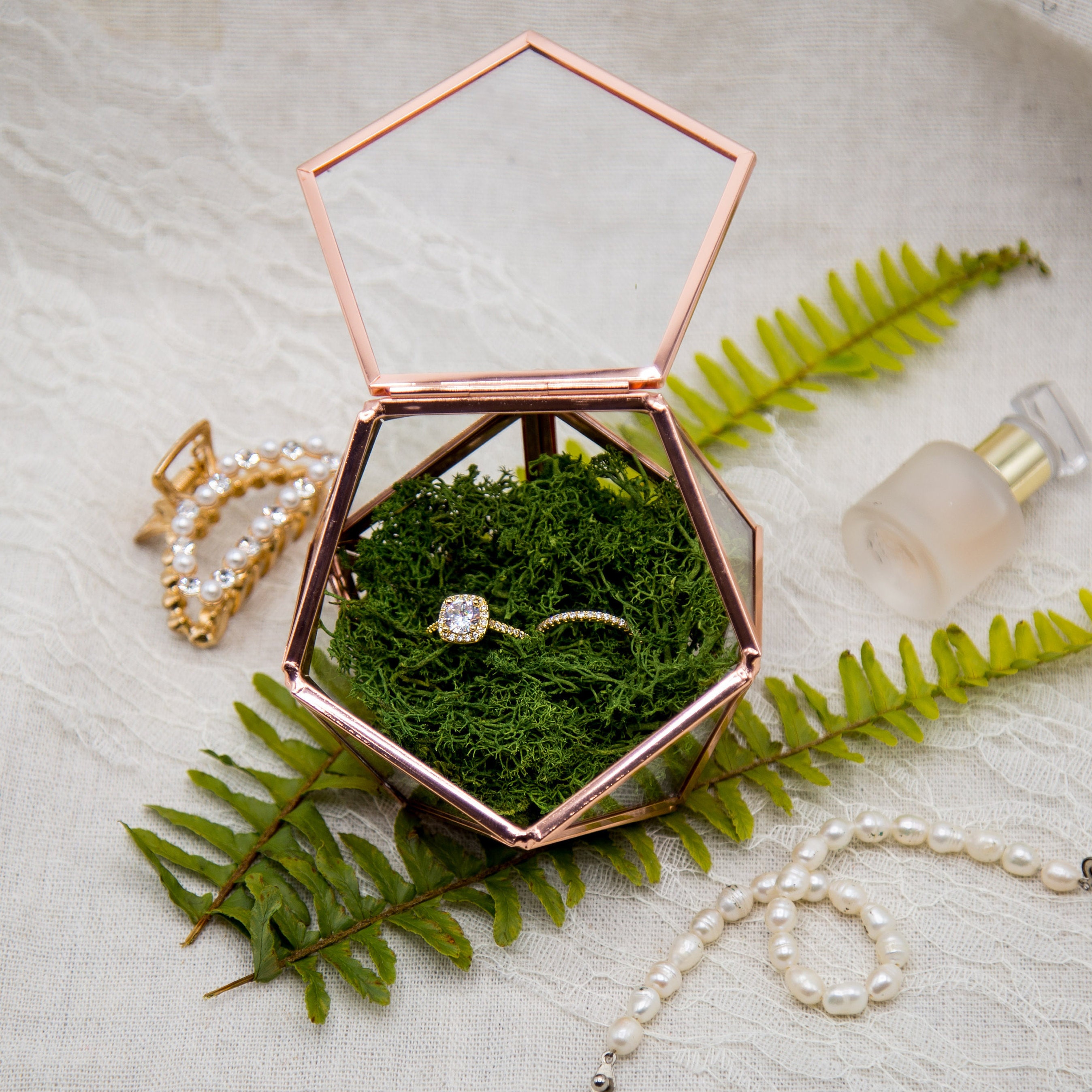 Geometric Rose Gold Glass Ring Box with Moss - Modern Rustic Ring Box…