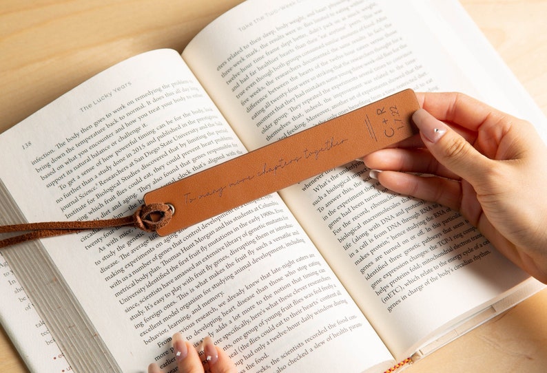Engraved Leather Bookmark, Leather Anniversary Gift, Book Lover Gift for Him Her, Unique & Thoughtful Mother's Day Gift with Custom Words image 1