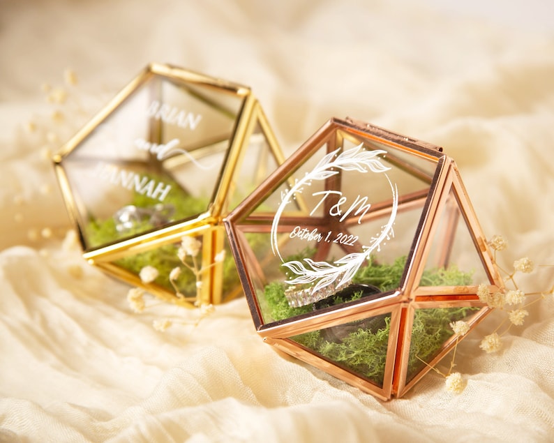 Geometric Glass Ring Box with Moss Rose Gold or Gold Personalized Ring Box for Wedding Ceremony, Ring Bearer Pillow Alternative image 4