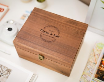 Wood Storage Box w/ Hinge Lid (D3) -  - Engraved Wedding Keepsake Memory Box Wedding Photos Cards, Engagement Gift, Anniversary Gift Couples