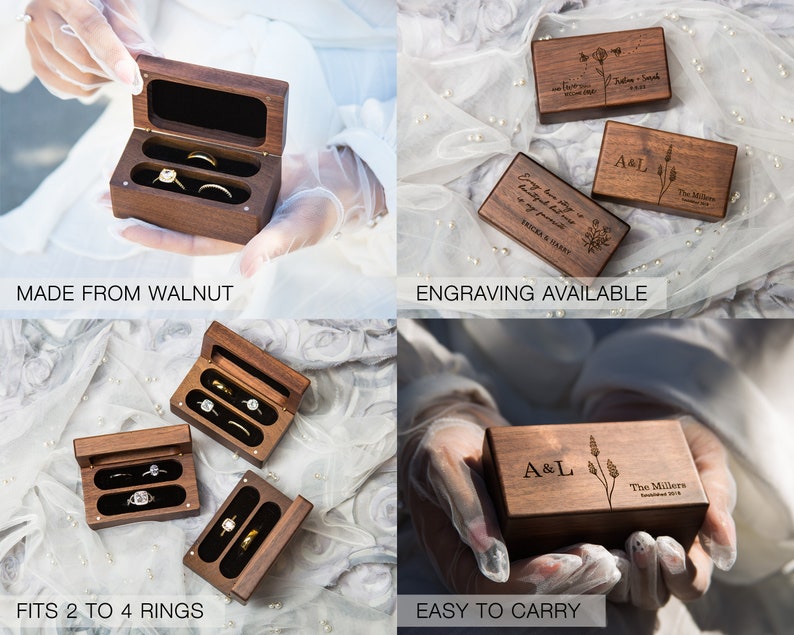 Quad Wood Ring Box Storage for 2-4 Rings, Engraved Ring Bearer Box Alternative Wedding Ceremony, Unique Proposal Engagement Gift For Her image 3