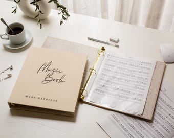 Personalized Music Book Linen Binder (D1) - Sheet Music Organizer w/ Optional Full Page Sleeves, Piano Recital Gift for Students