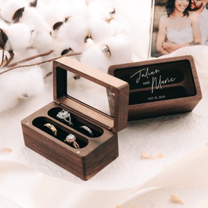 Quad Wood Ring Box w/ Glass Lid Wide Wood Personalized Four Slot Engagement Wedding Ring Bearer Box Romantic Unique Marriage Proposal Prep image 2