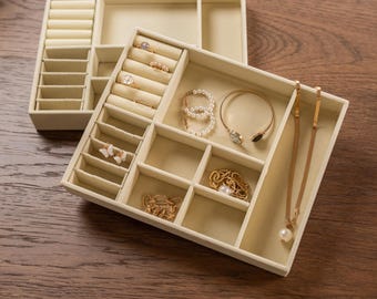 Ivory Velvet Jewelry Organizer Tray - 8x10" Accessory Nightstand Storage Display for Rings Earrings Drawer Stackable Useful Gift for Home