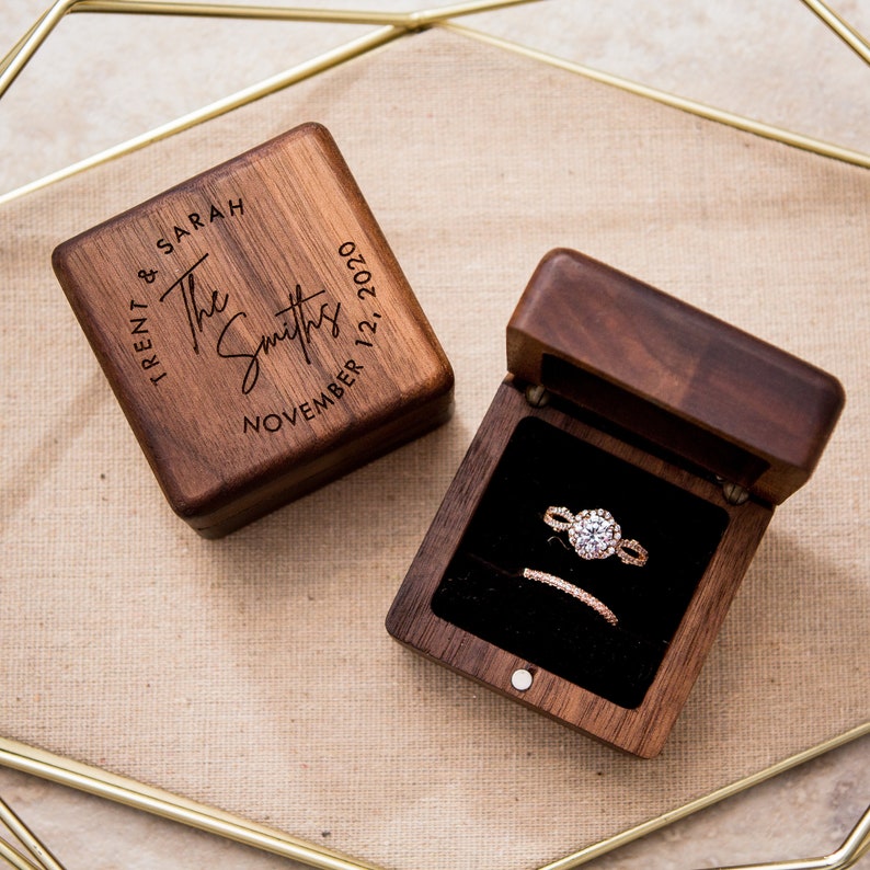Square Double Ring Box Engraved Wood Ring Bearer Box for Wedding Ceremony, Proposal Engagement Ring Box Gift for Her, 2 Ring Slots Storage image 1