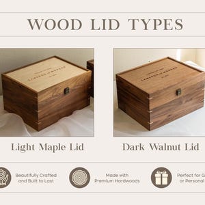 May include: Two rectangular wooden boxes with metal latches, displayed side-by-side. The left box features a light maple lid, while the right box has a dark walnut lid. Both lids are engraved with the text Cameron & Morgan est. 2019.