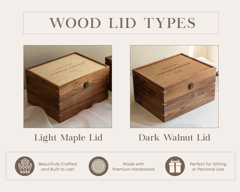 May include: Two rectangular wooden boxes with metal latches, displayed side-by-side. The left box features a light maple lid, while the right box has a dark walnut lid. Both lids are engraved with the text Cameron & Morgan est. 2019.