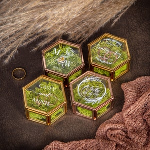 Hexagon Glass Ring Box with Moss Gold or Rose Gold Personalized Ring Box for Wedding Ceremony, Modern Ring Holder for Engagements image 7