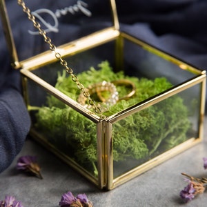 Square Gold Glass Ring Bearer Box with Moss Personalized Ring Box for Wedding Ceremony, Modern Ring Holder for Engagements, Rustic Wedding image 5