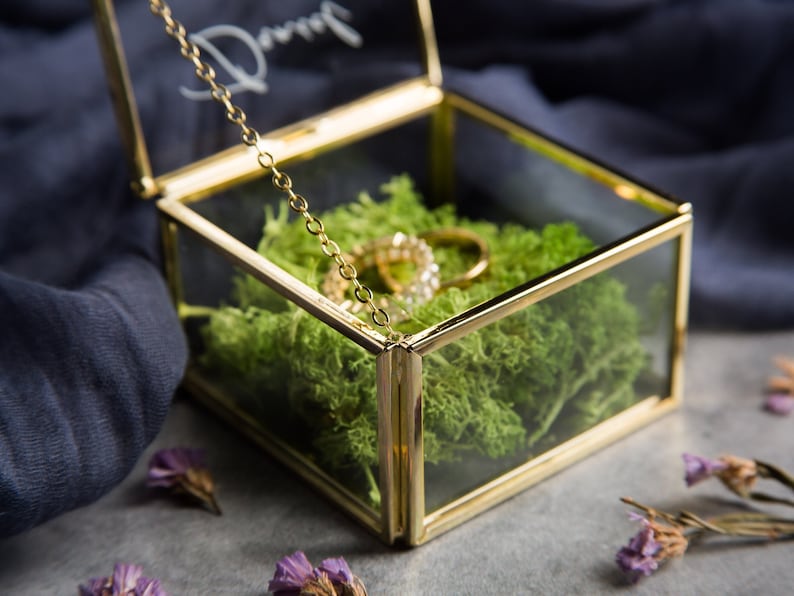 Square Gold Glass Ring Bearer Box with Moss Personalized Ring Box for Wedding Ceremony, Modern Ring Holder for Engagements, Rustic Wedding image 5