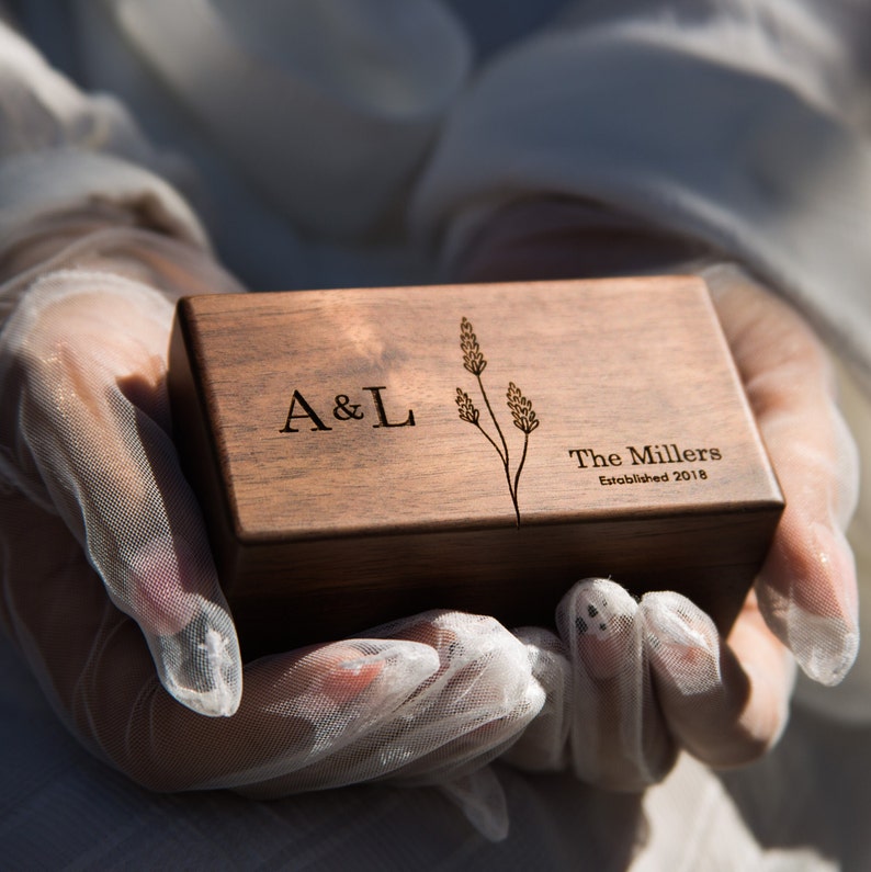 Quad Wood Ring Box Storage for 2-4 Rings, Engraved Ring Bearer Box Alternative Wedding Ceremony, Unique Proposal Engagement Gift For Her image 1