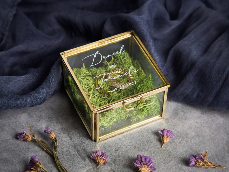 Square Gold Glass Ring Bearer Box with Moss Personalized Ring Box for Wedding Ceremony, Modern Ring Holder for Engagements, Rustic Wedding image 1