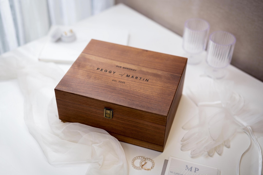 Wood Storage Box w/ Hinge Lid (D10) - Engraved Walnut Wedding Keepsake Memory Photos Cards Engagement Anniversary Valentines Gift Couples