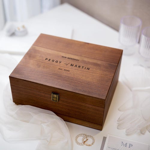 Engraved Wood Storage Box w/ Hinge Lid (D10) - Walnut Wedding Keepsake Memory Photos, Christmas Card Storage Throughout the Year