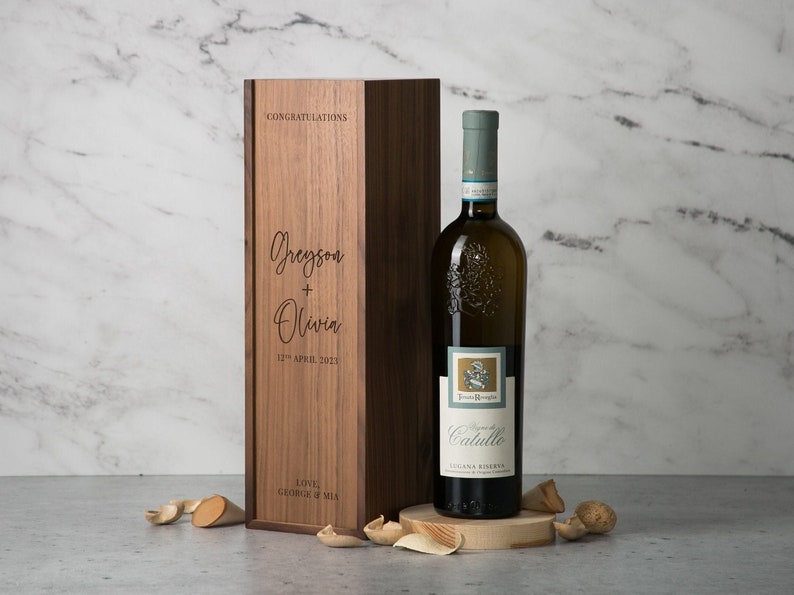 Wood Wine Box Design 1 Congratulations Walnut or Pine Wine Champagne Box, Engagement Wedding Gift for the Bride & Groom, Mother's Day image 5