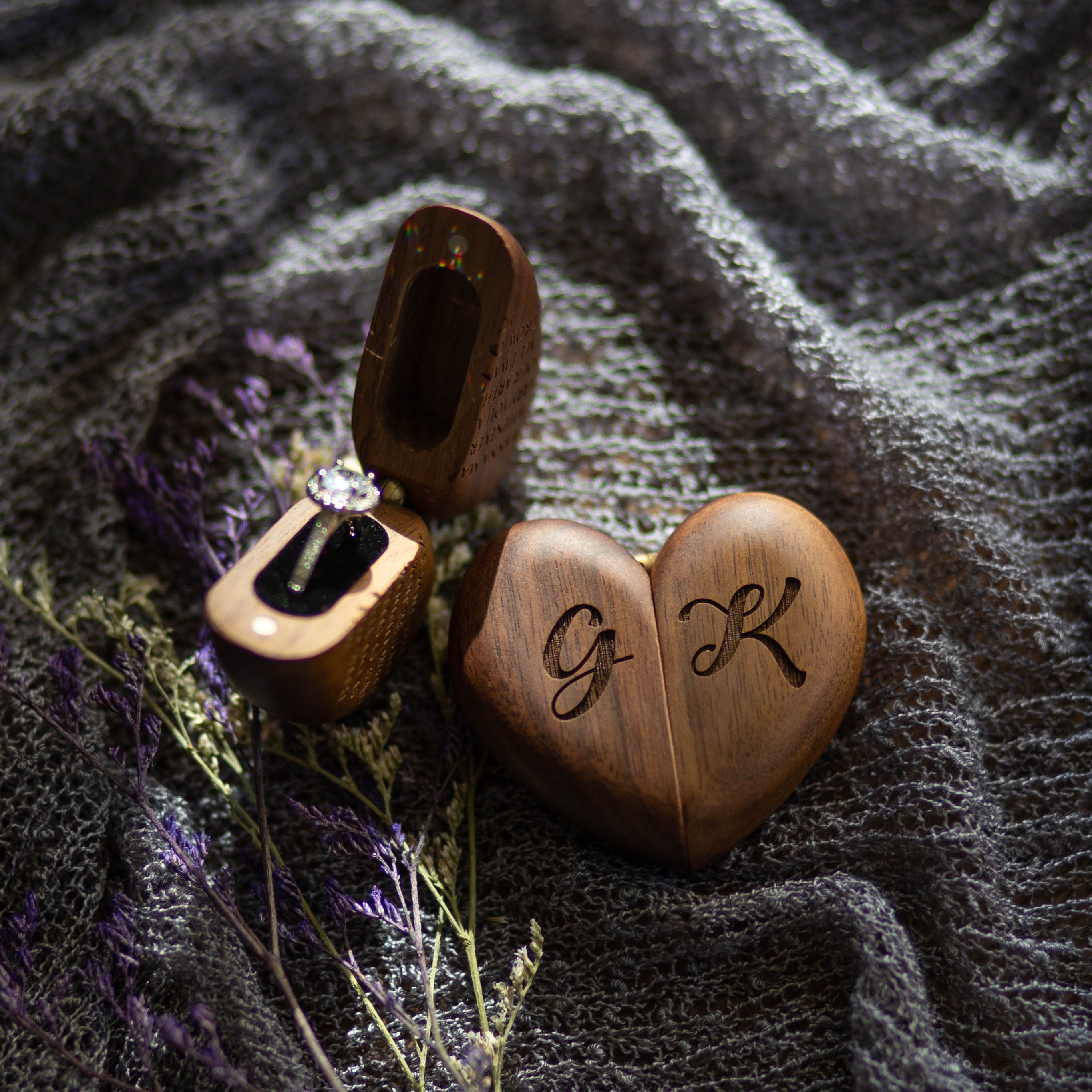 Engraved Heart Flip Ring Box Walnut Wood - Secret Engagement Proposal…