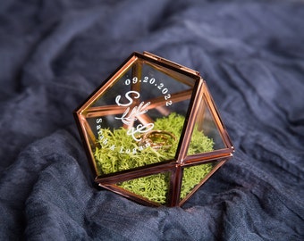 Geometric Glass Ring Box with Moss - Rose Gold or Gold - Personalized Ring Box for Wedding Ceremony Ring Bearer Pillow Alternative Her Gift