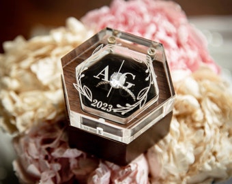 Engraved Hexagon Mini Flip Ring Box w Clear Acrylic Lid - Single Ring Engagement Wedding Ring Holder Proposal Box