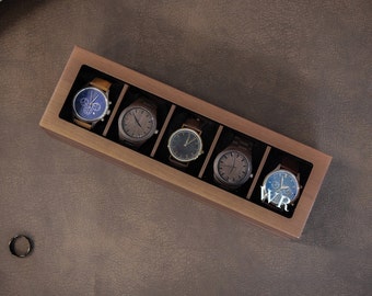 Wide Wood Watch Box (Design 5) - Mens 5 Slot Watch Display Case with Personalized Lid for Him 5th Year Anniversary Birthday Gift for Father