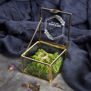 Square Gold Glass Ring Bearer Box with Moss Personalized Ring Box for Wedding Ceremony, Modern Ring Holder for Engagements, Rustic Wedding image 3