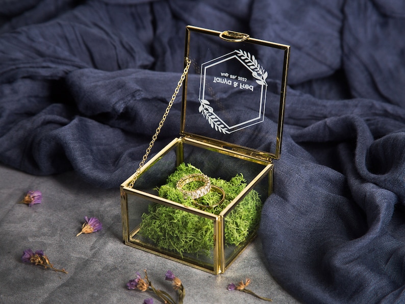 Square Gold Glass Ring Bearer Box with Moss Personalized Ring Box for Wedding Ceremony, Modern Ring Holder for Engagements, Rustic Wedding image 3