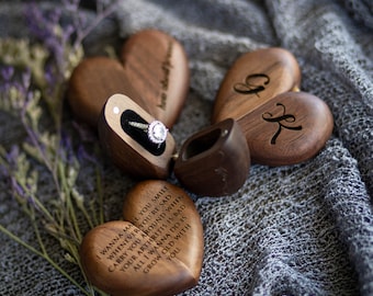 Heart Flip Ring Box - Engraved Secret Slim Wooden Engagement or Wedding Ring Box, Romantic Valentine's Day Proposal Prop Decor Love Gift