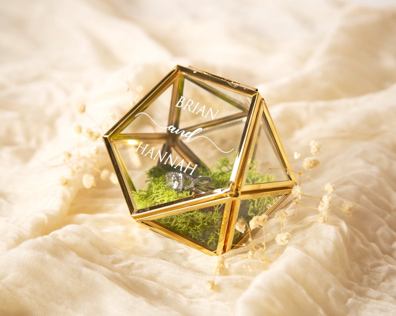 Geometric Glass Ring Box with Moss Rose Gold or Gold Personalized Ring Box for Wedding Ceremony, Ring Bearer Pillow Alternative image 2