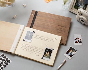 Engraved Premium Photo Guest Book (Design 1) - Personalized Wooden Wedding Guestbook w/ Photo Pages, Engraved Instax Album Bridal Shower