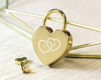 Engraved Heart Love Lock with Key - Gold Silver Rose Gold Bridge Padlock, Wedding Engagement Anniversary Honeymoon Romance Gift for Couples