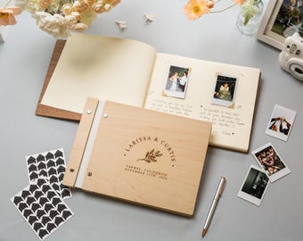 Engraved Premium Photo Guest Book (Design 2) - Wooden Floral Wedding Guest Album, Bridal Shower Photo Memory Book for Instax Mini Photos