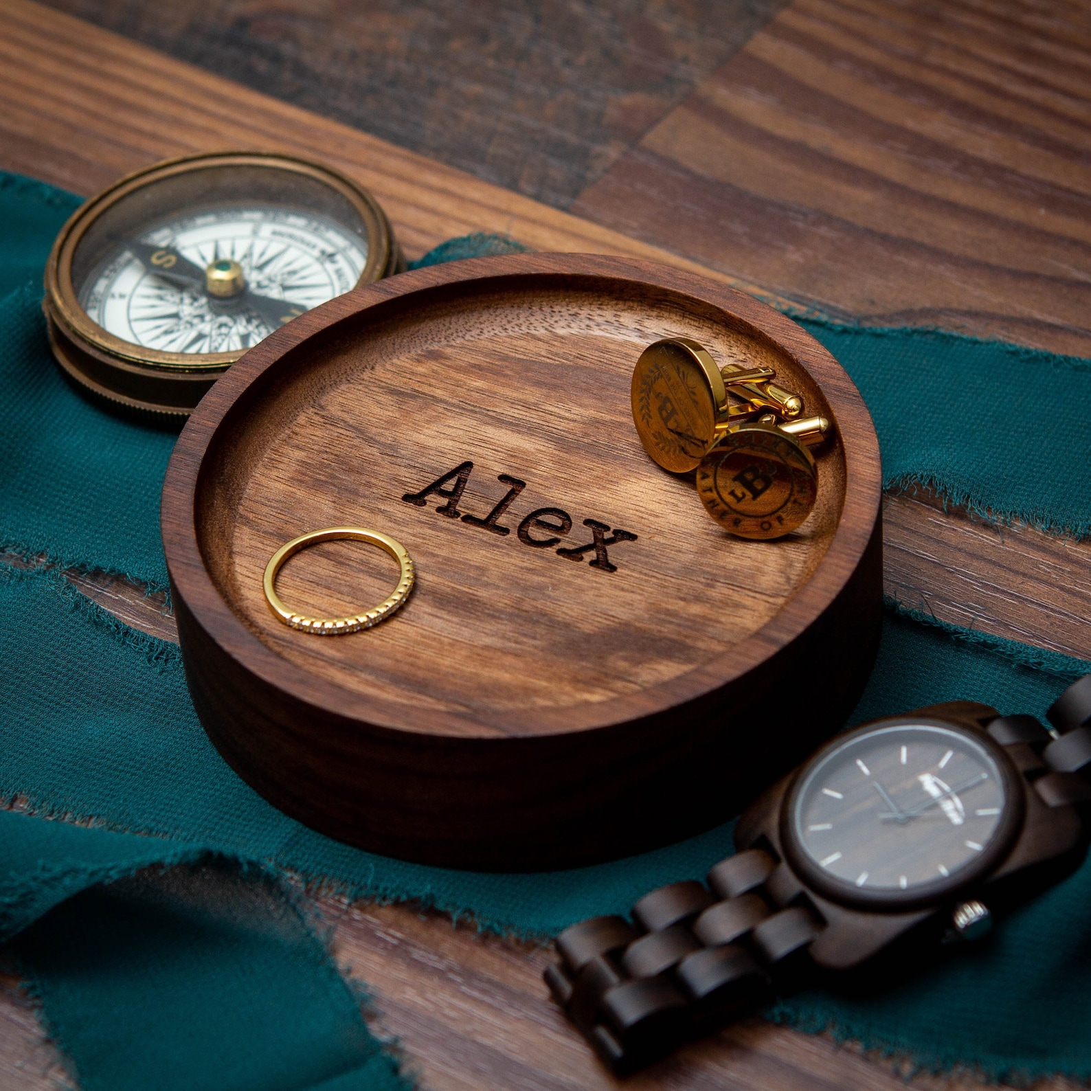 Round Wood Ring Dish Mens Jewelry Tray 5th Wedding Etsy