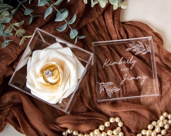 Engraved Acrylic Cube Ring Box with Rose Ring Holder - Clear Wedding Ring Bearer Box Personalized Unique Proposal Engagement Ring Display