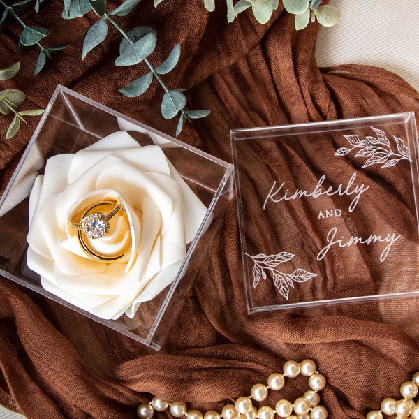 Acrylic Cube Ring Box with Rose Ring Holder - Etched Clear Wedding Ring Bearer Box Personalized Unique Proposal Engagement Ring Display