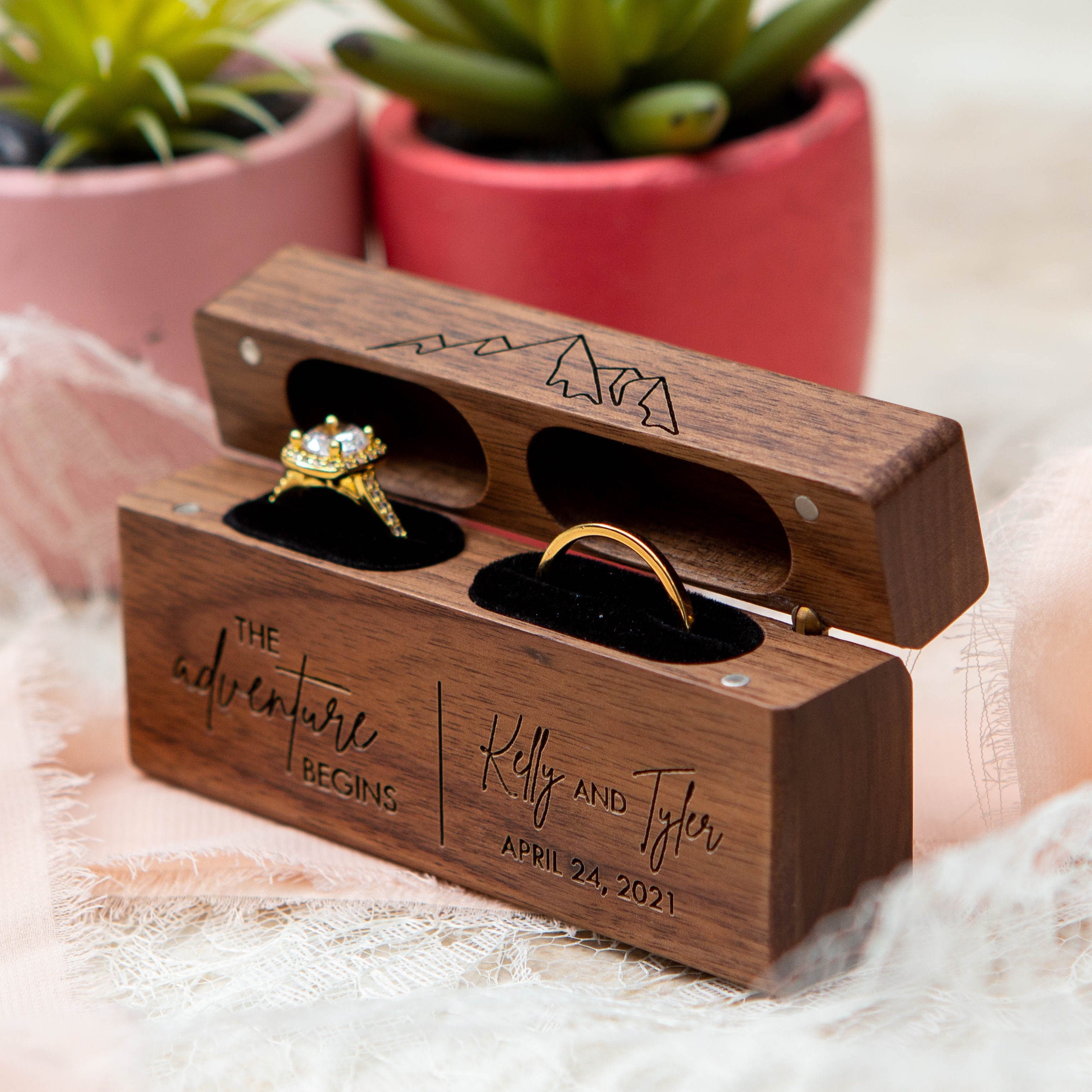 Wide Double Wood Ring Box for 2 Rings Wedding Ceremony Ring Etsy