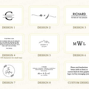 K&ouml;nnte beinhalten: Ein Raster aus neun rechteckigen Designvorlagen mit schwarzem Text und Grafiken auf hellem Hintergrund. Die Optionen umfassen Monogramme, Namen, Bergillustrationen, Jubil&auml;umsmeilensteine und Anweisungen zum Einreichen eigener Grafiken.