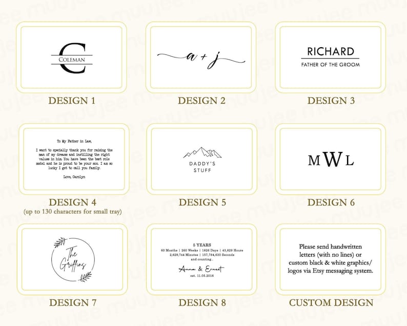 K&ouml;nnte beinhalten: Ein Raster aus neun rechteckigen Designvorlagen mit schwarzem Text und Grafiken auf hellem Hintergrund. Die Optionen umfassen Monogramme, Namen, Bergillustrationen, Jubil&auml;umsmeilensteine und Anweisungen zum Einreichen eigener Grafiken.