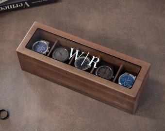 Wide Wood Watch Box (Design 2) - Personalized Watch Display Case Storage Holder for Men Him Dad Husband Boyfriend Fiancé Father In Law