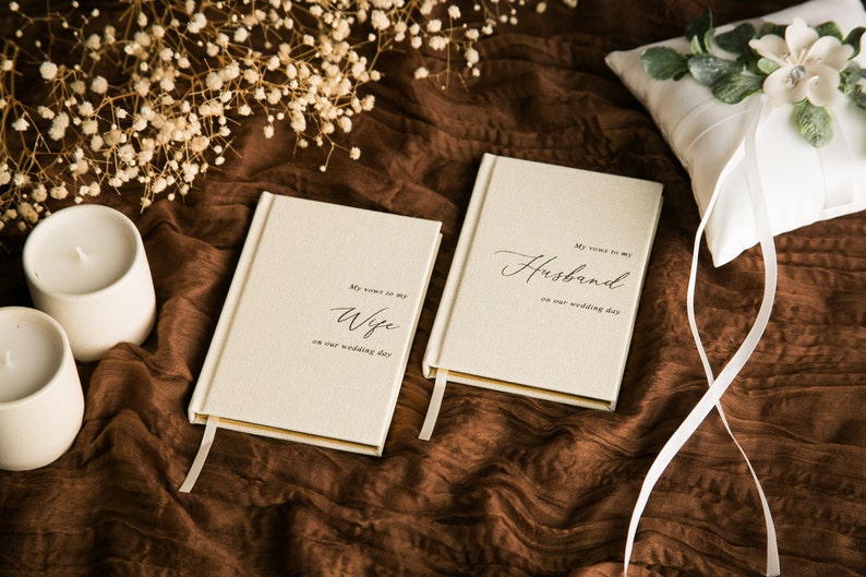 Embossed 2x Vow Books (Vows to my Husband/Wife Cream Set) Ready to Ship - Minimalist Linen Textured Hardcover Vow Books