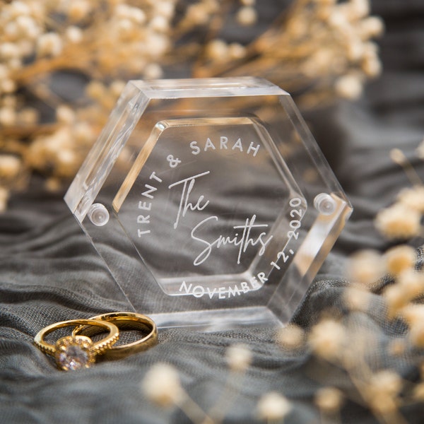 Clear Hexagon Ring Box - Engraved ORIGINAL Acrylic Wedding Ring Bearer Box Engagement Proposal Ring Storage Modern Ring Dish Gift for Her