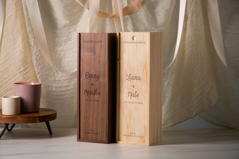 Wood Wine Box Design 1 Congratulations Walnut or Pine Wine Champagne Box, Engagement Wedding Gift for the Bride & Groom, Mother's Day image 3