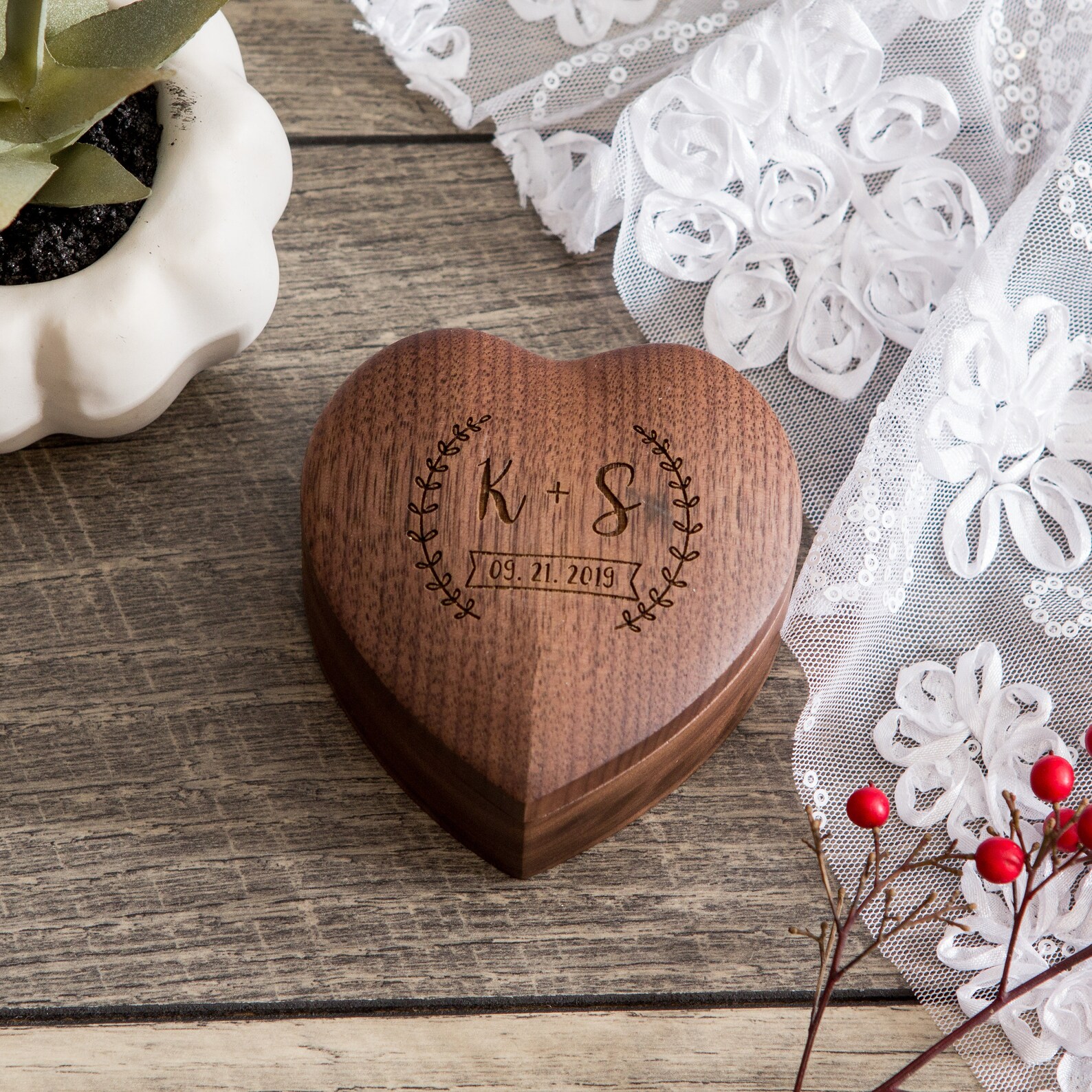 Heart Wedding Ring Bearer Box Engraved Wood Ring Bearer Box Etsy