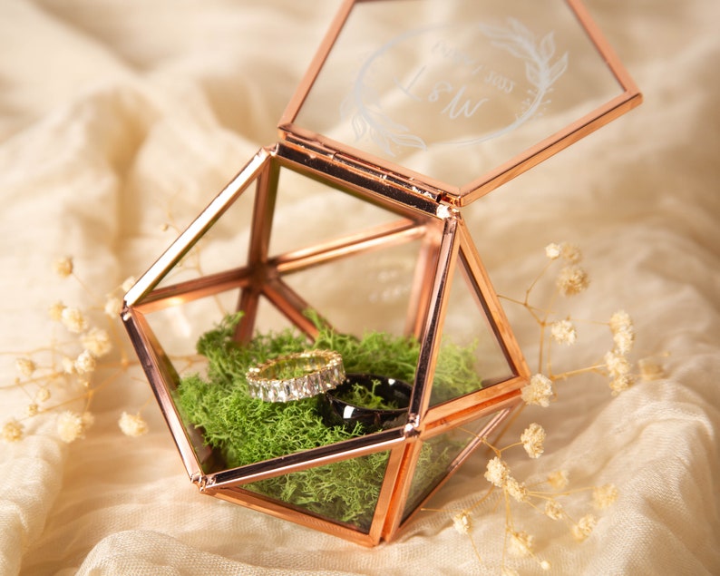Geometric Glass Ring Box with Moss Rose Gold or Gold Personalized Ring Box for Wedding Ceremony, Ring Bearer Pillow Alternative image 5