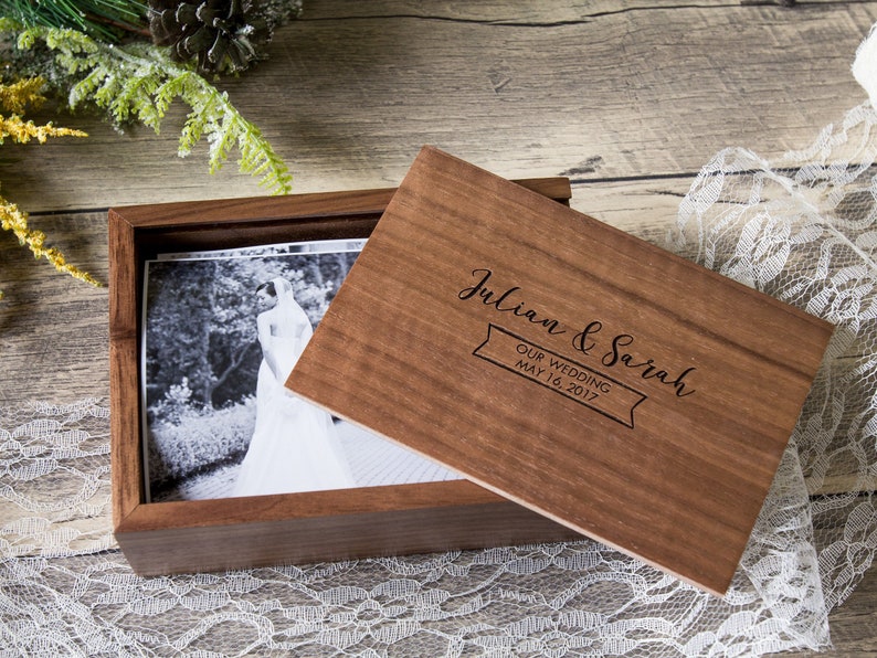 4x6 Wood Photo Memory Box Wedding or Engagement Print Storage, Keepsake Box for Anniversary, Letter Gift Box for Her Him Wife Husband image 4