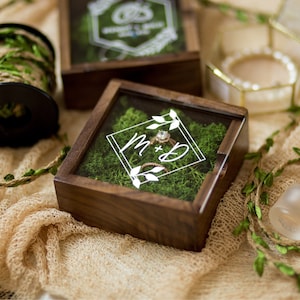 Square Ring Bearer Box with Clear Lid and Moss Rustic Wedding Ceremony Ring Pillow Alternative Ring Display Decor Photography Prop image 2