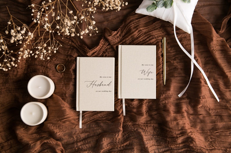 Embossed 2x Vow Books (Vows to my Husband/Wife Cream Set) Ready to Ship - Minimalist Linen Textured Hardcover Vow Books